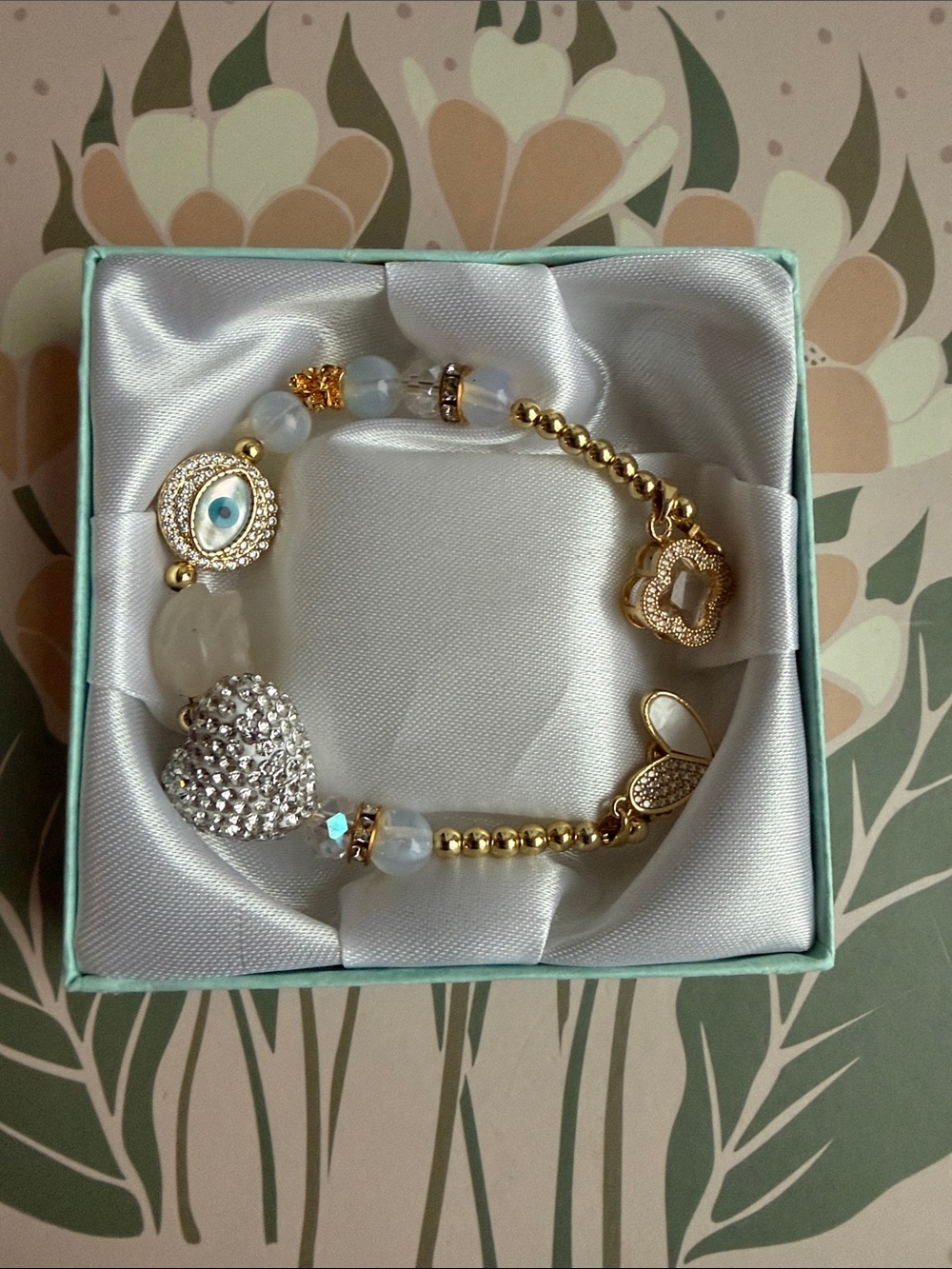 Gold-Tone Heart & Evil Eye Beaded Bracelet - White/Gold